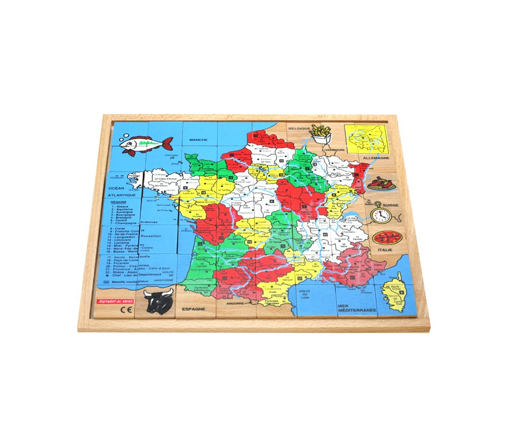 Puzzle bois carte de France jeux Français et lettres alphabet au verso