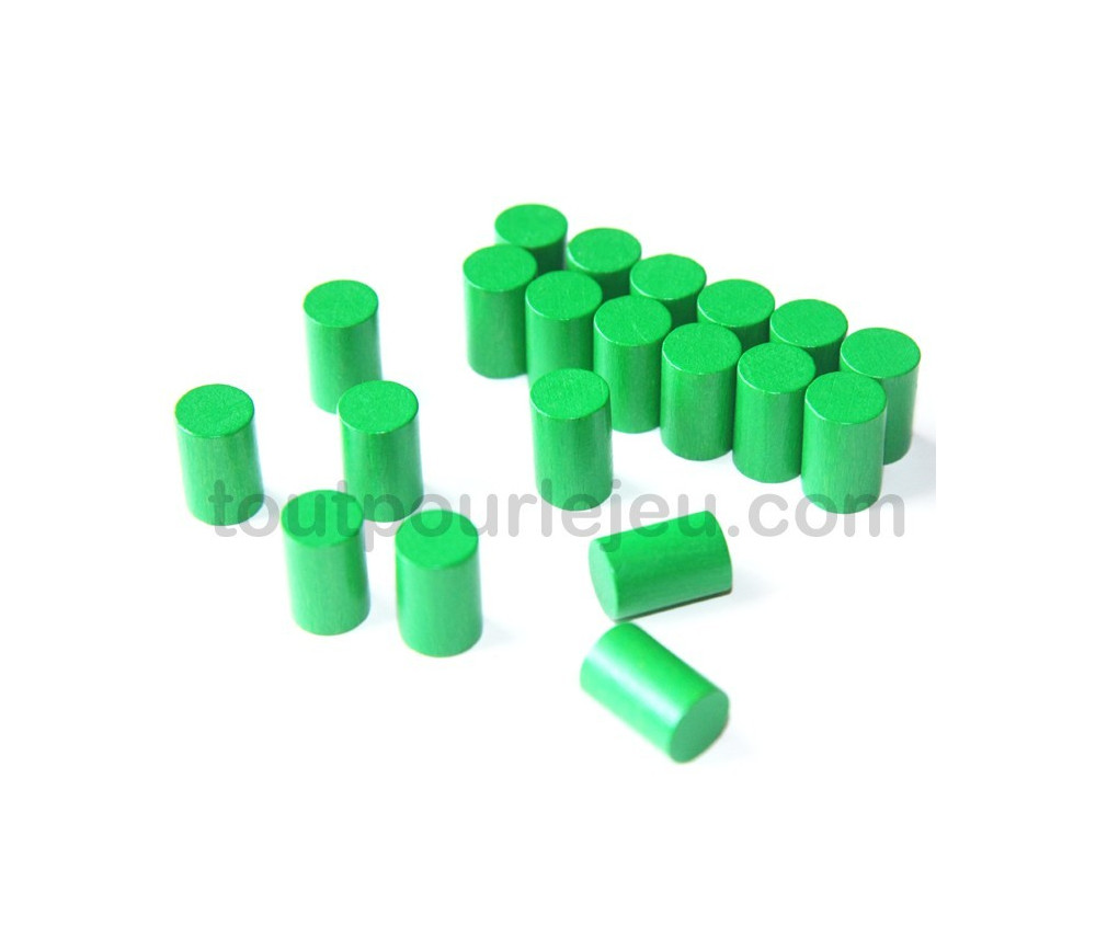 10 mini cylindres vert 10x15 mm en bois coloré pour jeu