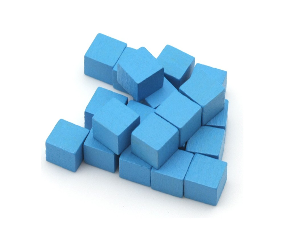 Cubes en bois bleu clair 0.8 cm. 8x8x8 mm lot 20