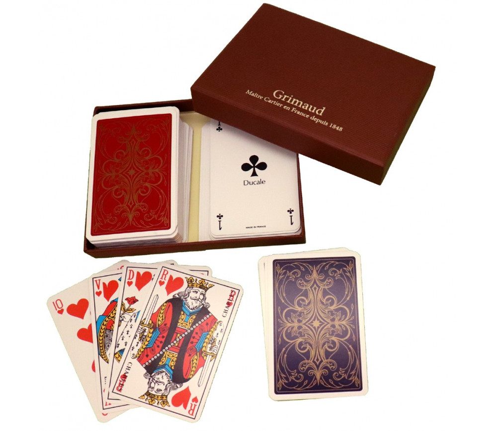 Coffret de 2 jeux de 54 cartes à jouer Bridge Grimaud NEUF coins dorés dos 3 