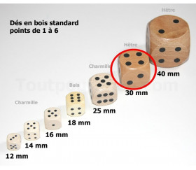 Dé en bois certifié FSC 30 mm de 1 à 6 pour jeu de société 3 cm
