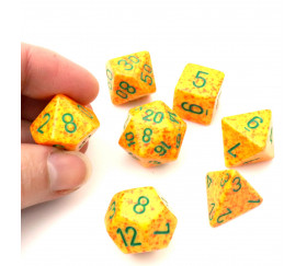 Set 7 dés multifaces Speckled jaune rouge Lotus pour jeux de rôle