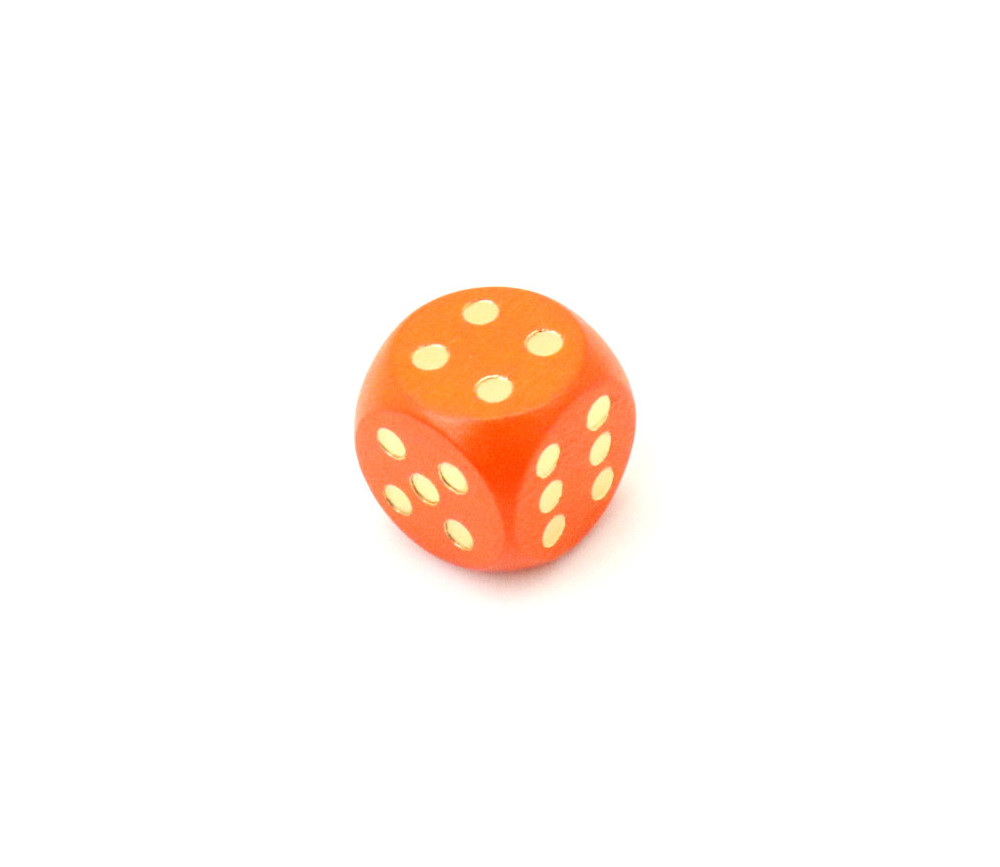 Dé bois orange 16 mm points dorés de 1 à 6 pour jeu de société