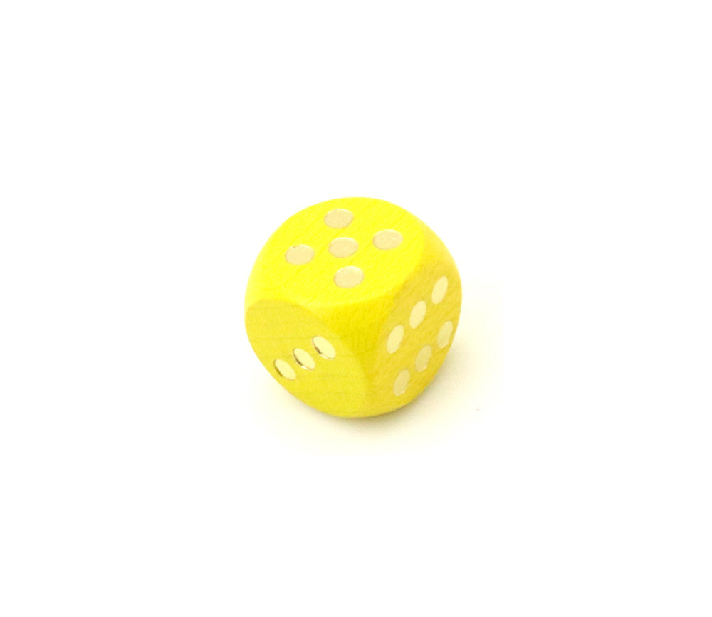 Dé bois jaune 16 mm points dorés de 1 à 6 pour jeu de société