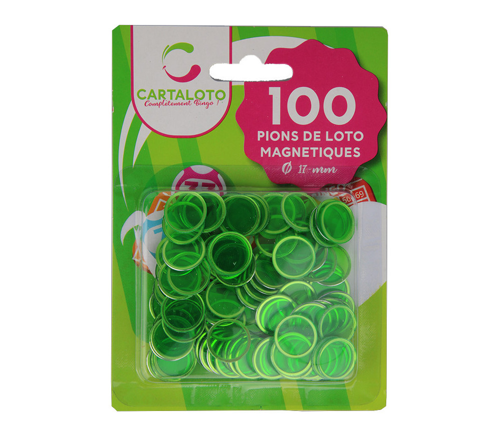 Pions verts magnétiques rond pour jeu de loto sachet 100 jetons aimantés.