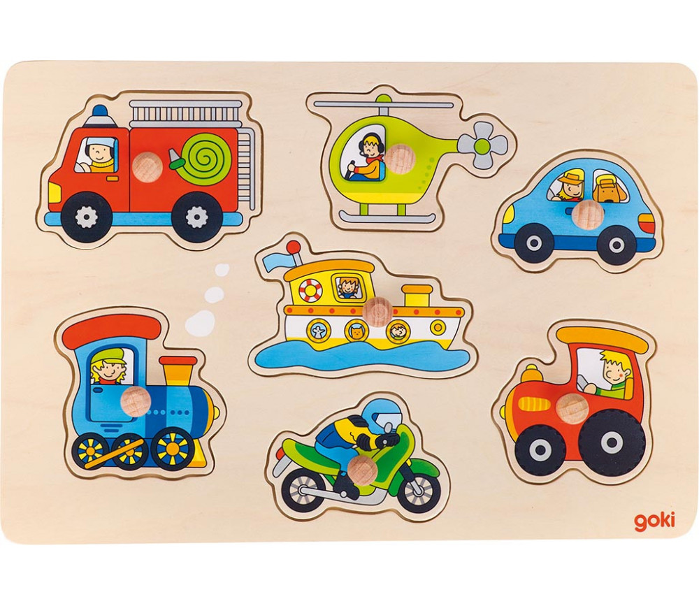 Puzzle en bois à encastrer 7 véhicules pour bébé avec boutons attraper
