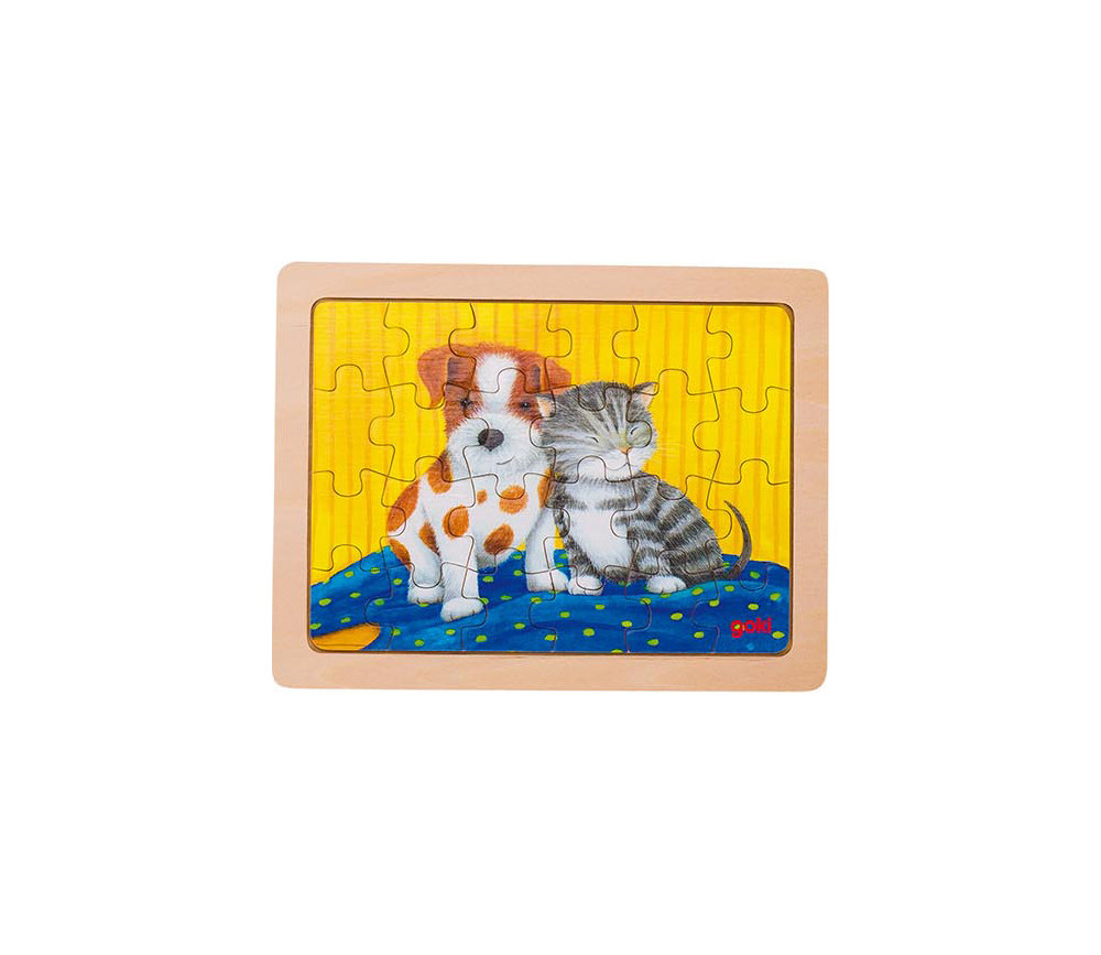 Puzzle en bois Chien et chat 24  pièces de 19 x 14.5 cm dans cadre