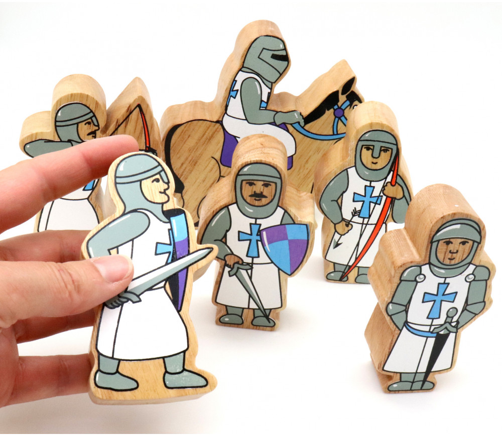 6 Figurines chevaliers en bois bleus et blancs personnage jeu