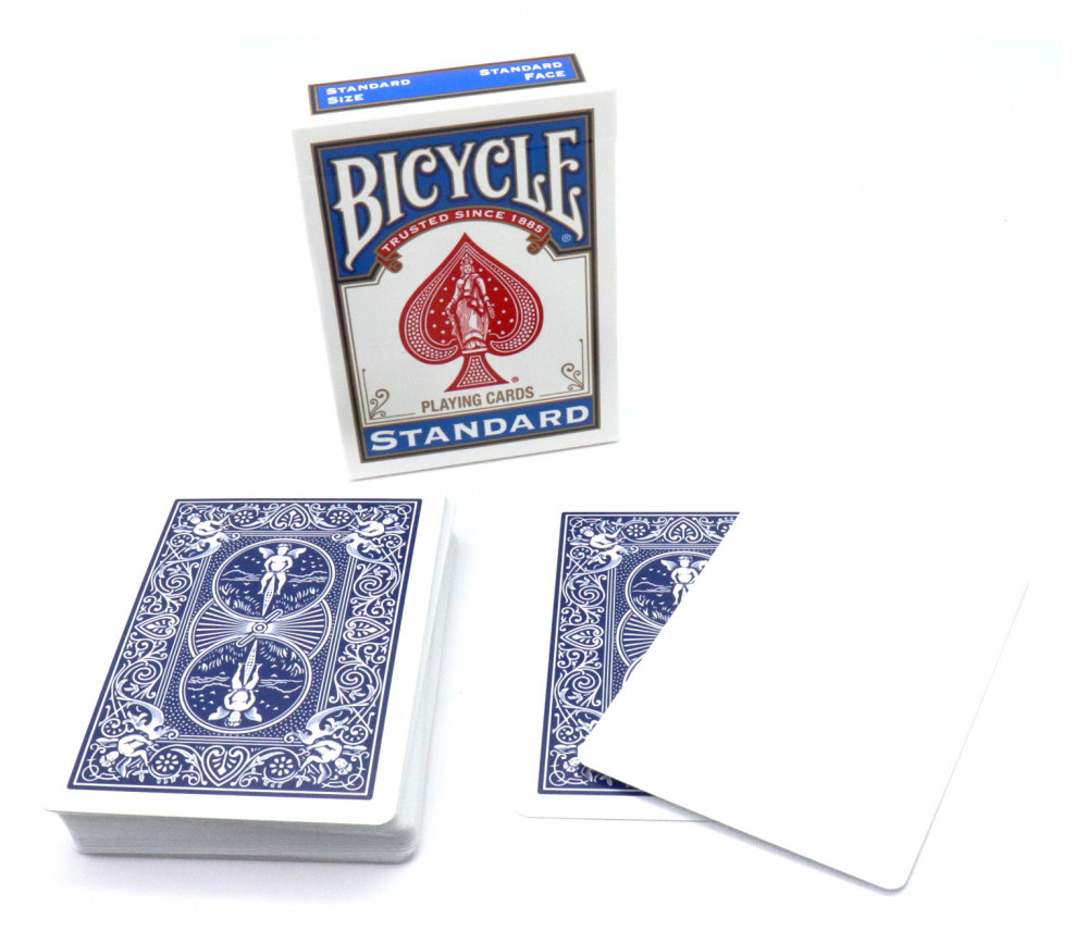 Cartes à jouer recto blanc et verso bleu. Jeu de 56 cartes bicycle