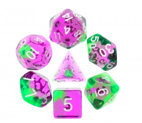 Set 7 dés multi-faces evergreen translucide violet et vert