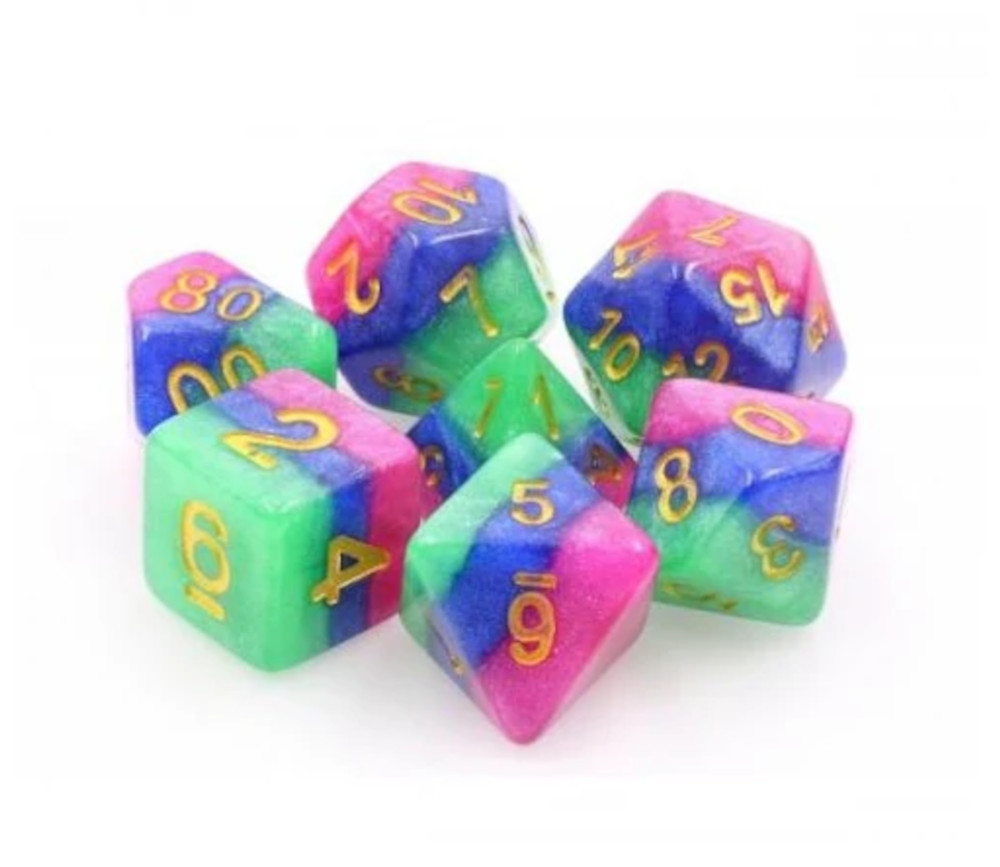 Set 7 dés multi-faces Jester's Gambit rose, vert, bleu