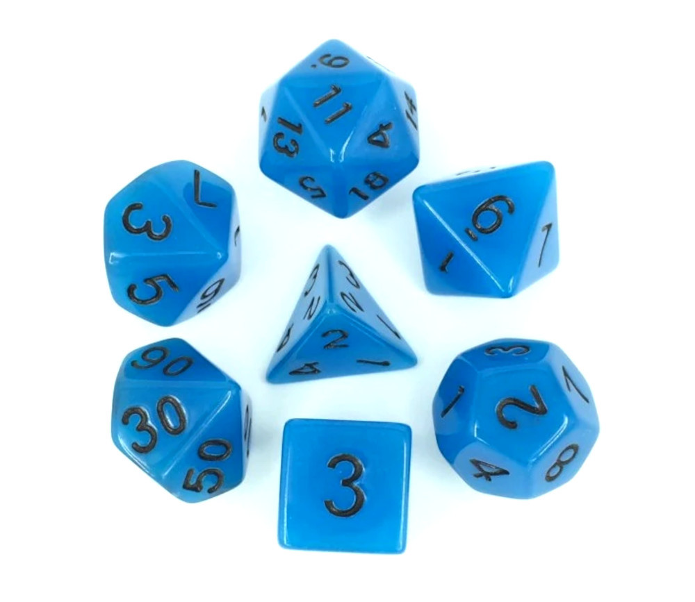 Set 7 dés multi-faces bleu phosphorescents