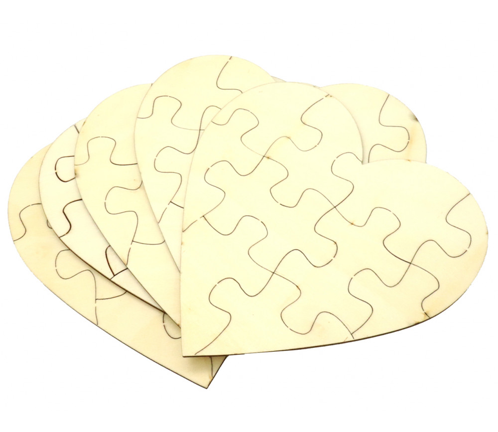 5 Puzzles cœur neutres bois 10 pièces à personnaliser 16 x 16 cm