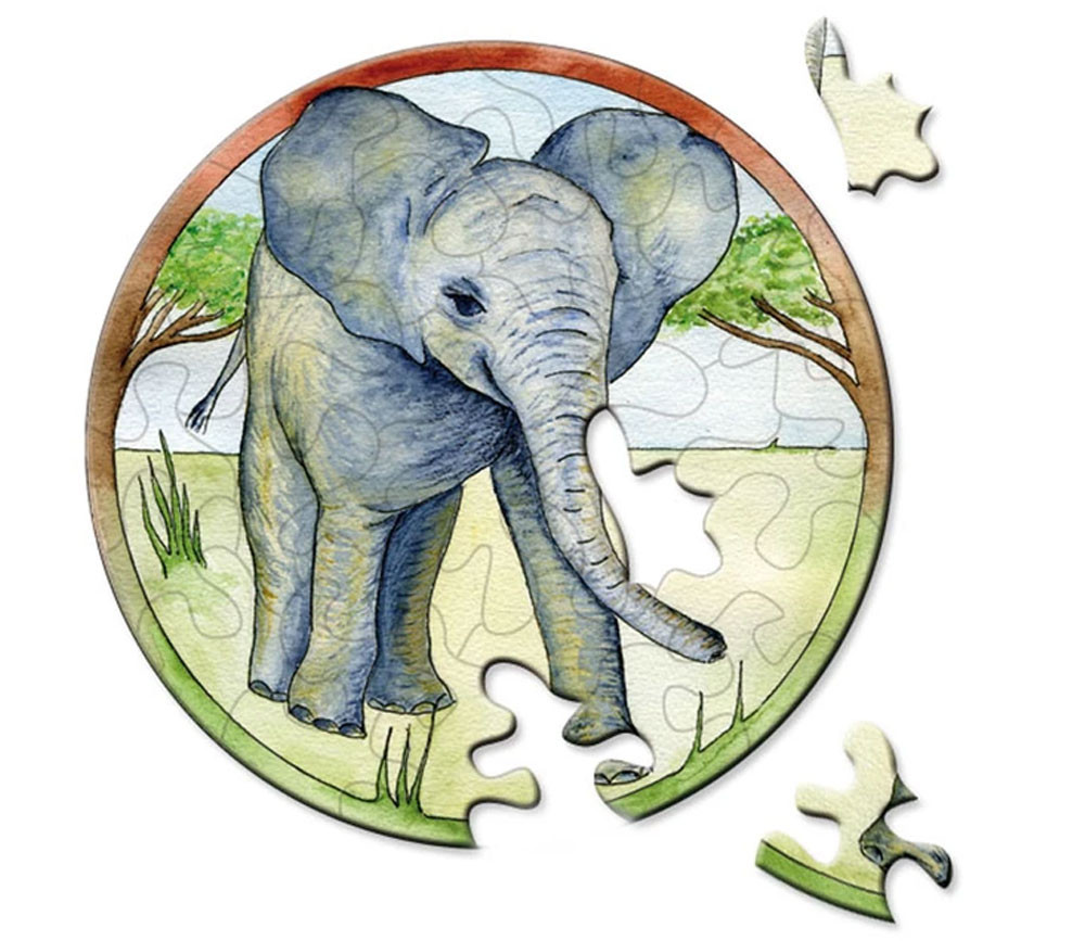 Mini puzzle rond éléphant 9 cm 33 pièces Curiosi