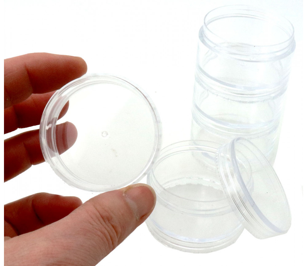 5 Boîtes rondes Ø 5.0 cm transparentes avec couvercle à vis plastique