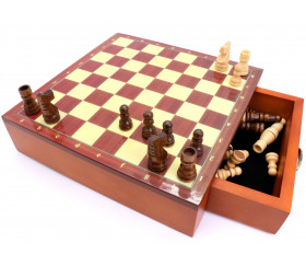 Jeu échecs magnétiques 19.5 cm bois plateau marqueterie avec tiroir