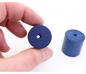 Cylindre troué en bois diam 2.4 cm haut 2.5 cm bleu