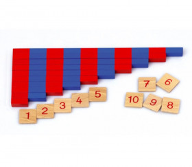 Barres rouges et bleues Montessori en bois format 25 cm avec tuiles nombres
