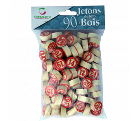 Jetons de loto en bois numérotés de 1 à 90 en rouge