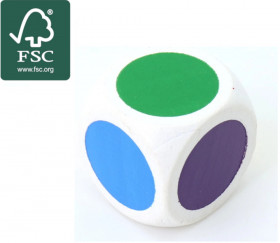 Dé bois certifié FSC 6 points couleurs 20 mm rouge, vert, jaune, bleu, violet, orange