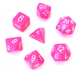 Set 7 dés multi-faces rose opaque chiffres blancs.