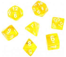 Set 7 dés multi-faces jaune translucide chiffres blancs.
