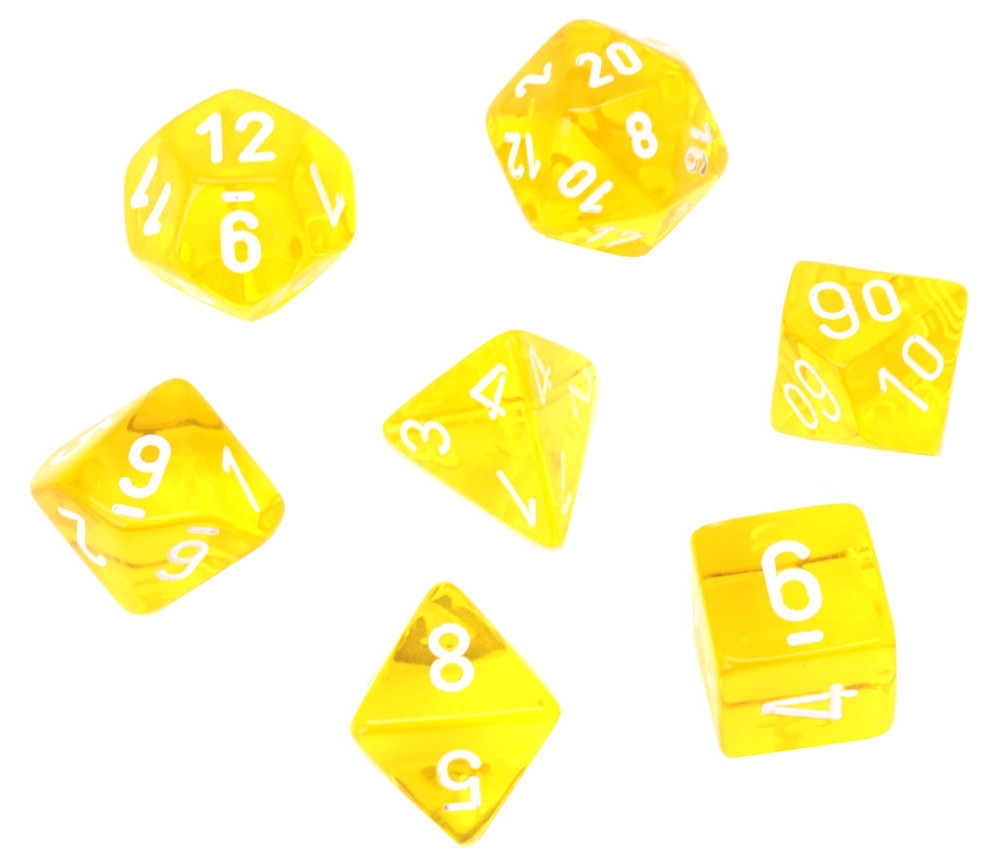 Set 7 dés multi-faces jaune translucide chiffres blancs.
