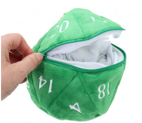Sac à dés D20 en velours vert et chriffres brodés, fermeture éclair et mousqueton
