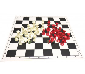 Set Jeu Echec complet taille 5 : 32 pions rouge/blanc + échiquier pliable 49 x 49 cm noir/blanc