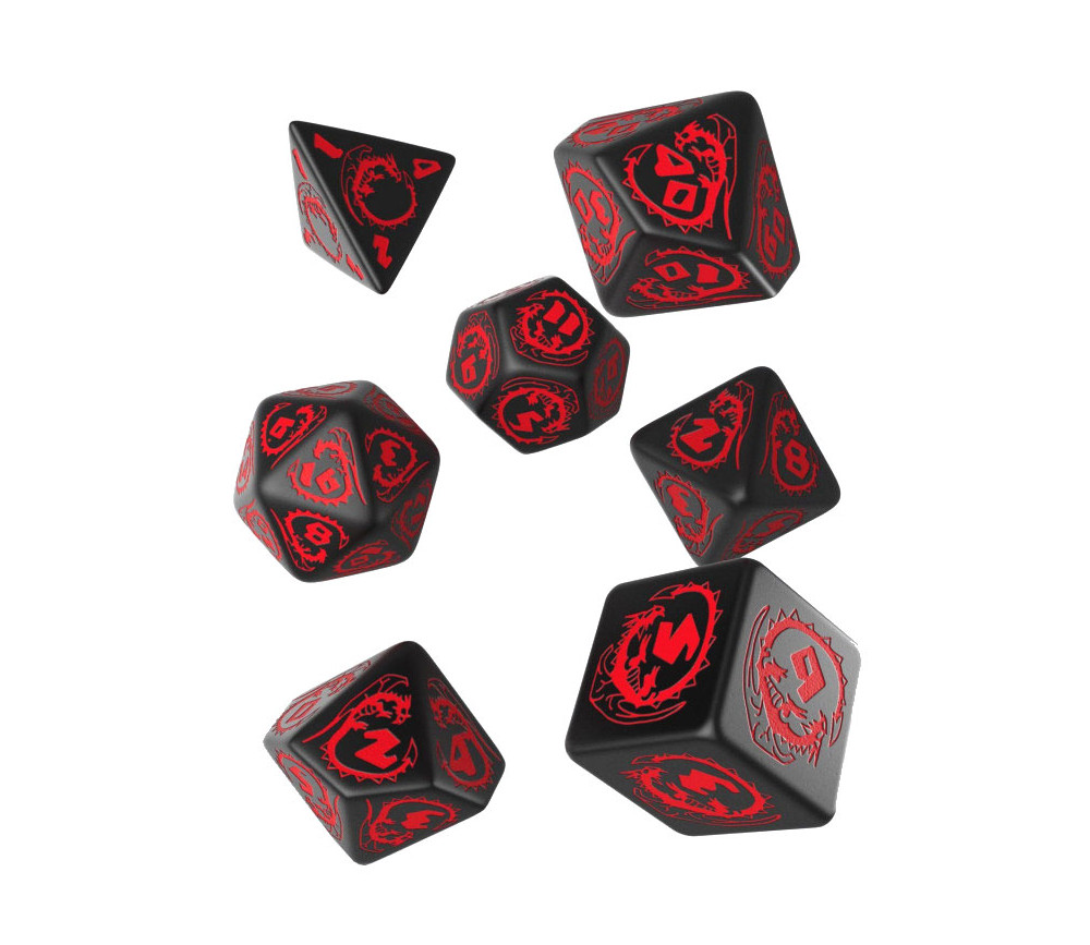 7 dés multifaces effet dragon noir avec gravage rouge