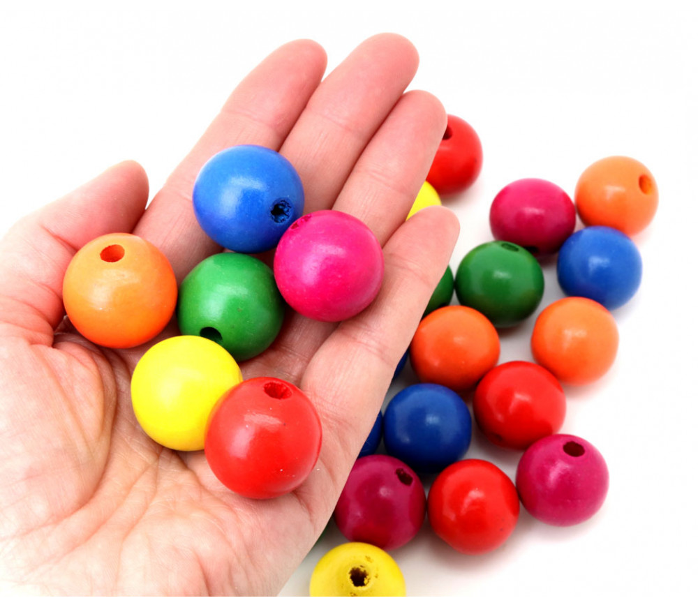 25 grosses perles rondes en bois 7 couleurs 25 mm de diamètre