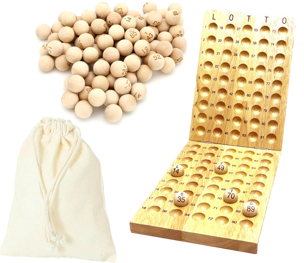 Kit tirage loto avec sac : Boules bois loto 1 à 90 de 25 mm + Plateau contrôle bois