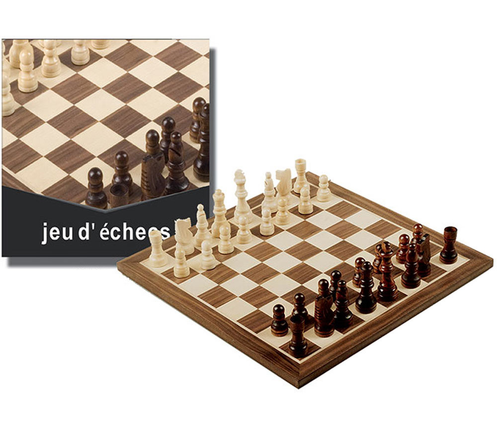 Jeu d'échecs bois marqueté 30 cm (plateau + 32 pièces)