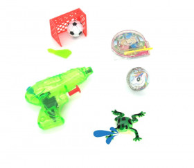 30 mini jouets : 6 grenouilles, 6 balles rebond, 6 buts de football, 6 pistolets à eau,  6 flipper
