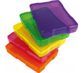12 boites avec couvercle en plastique coloré dans mallette de transport