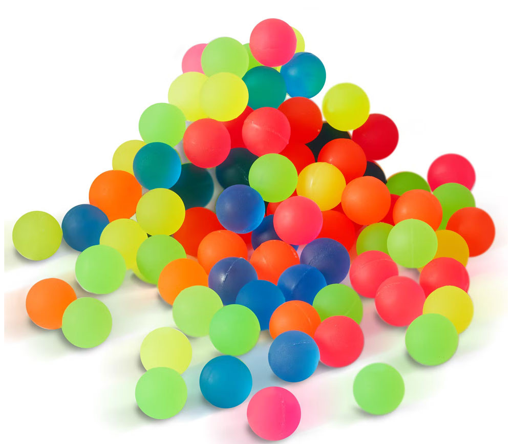 85 mini balles neon rebondissantes Ø 2.5 cm caoutchouc souple