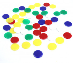 45 jetons ronds plastique 17 mm - 5 couleurs
