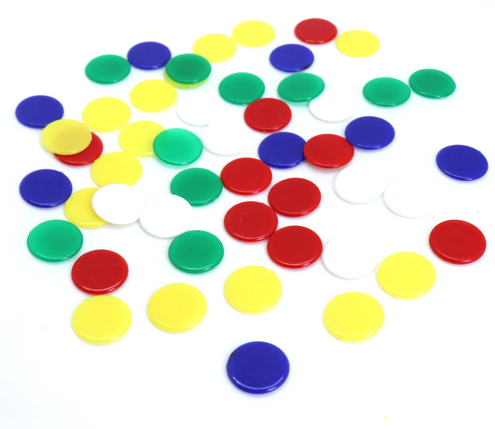 45 jetons ronds plastique 17 mm - 5 couleurs