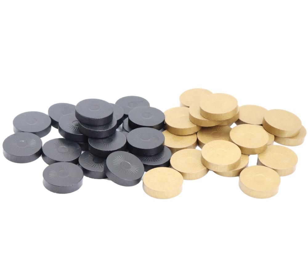 40 Pions bois dames noir doré 30 x 7 mm moulure soleil 40 Pions bois dames noir doré 30 x 7 mm moulure soleil