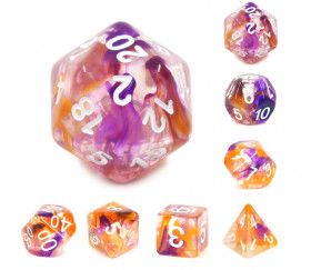 Set 7 dés multi-faces tourbillon nacré violet / orange