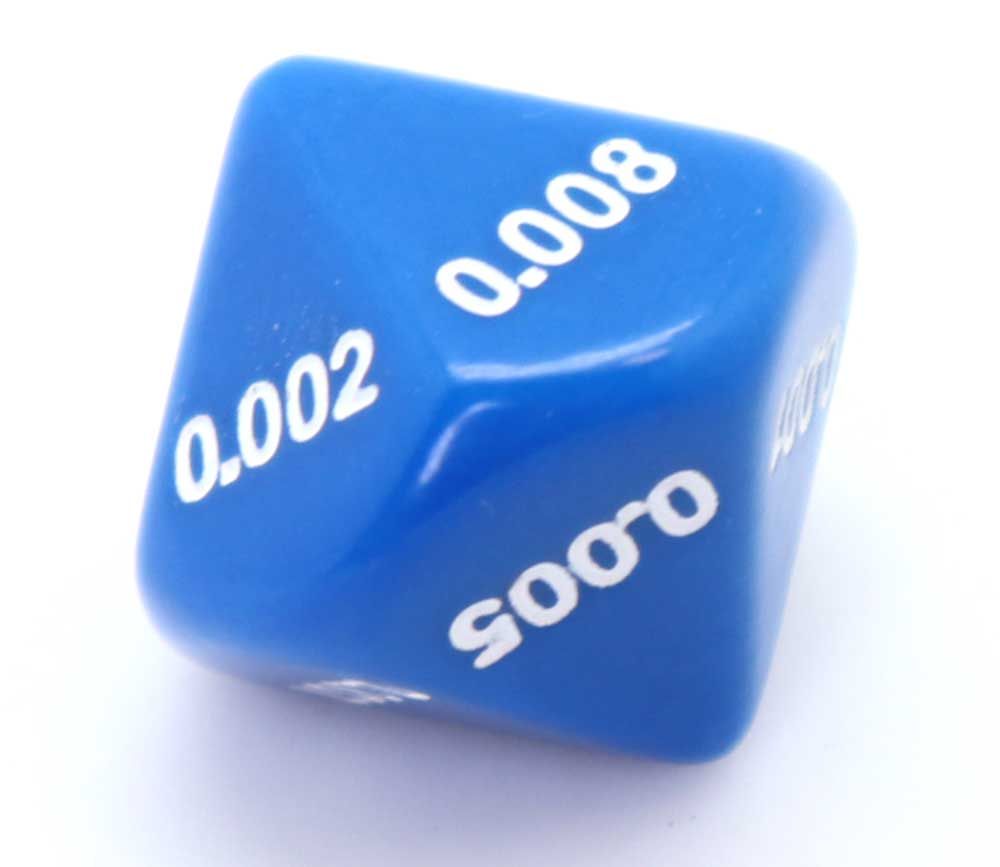 Dé décimal millième bleu 0.001 0.002 0.003 0.004 0.005 0.006 0.007 0.008 0.009