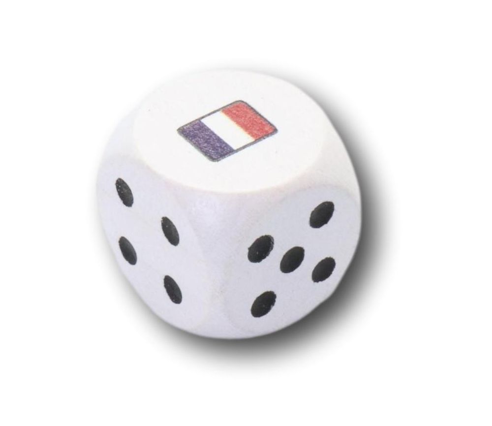 Dé en bois avec points 1 à 5 et 1 face drapeau français 16 mm