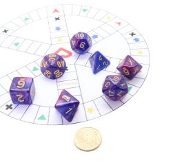 Set 7 dés multi-faces fusion bleu et violet pour jeu de plateau et rôles