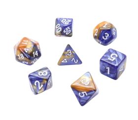 Set 7 dés multi-faces fusion bleu sombre et orange avec chiffres blancs