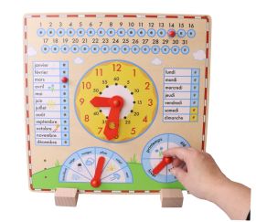 Horloge éducative géante et calendrier en bois pour apprentissage des heures, jours, mois, météo et saisons