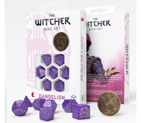 pièces de jeu The Witcher Dandelion : 7 dés violet doré + 1 pièce métal