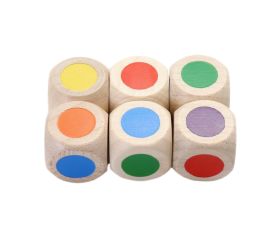 Dé bois 6 points couleurs 16 mm  rouge, vert, jaune, bleu, violet et orange