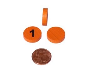 pion rond plat de 15 x 4 mm orange numéroté chiffre 1 en noir