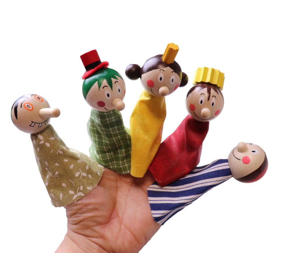 5 Marionnettes pour doigts en tissu et bois peint
