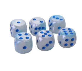 Dé nacré bleu/blanc avec points de 1 à 6 bleus